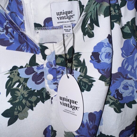 Unique Vintage – 1960s Blue Winter Floral Ohara Swing Dress, BNWT (Size XL/14) - Picture 5 of 6
